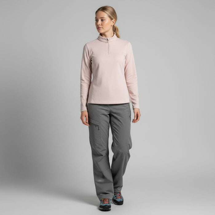 humtto sieviešu flīsa bāzes slāņa krekls ar rāvējslēdzēju, gaiši rozā, silts, piemērots pārgājieniem un aktīvai atpūtai Latvijā