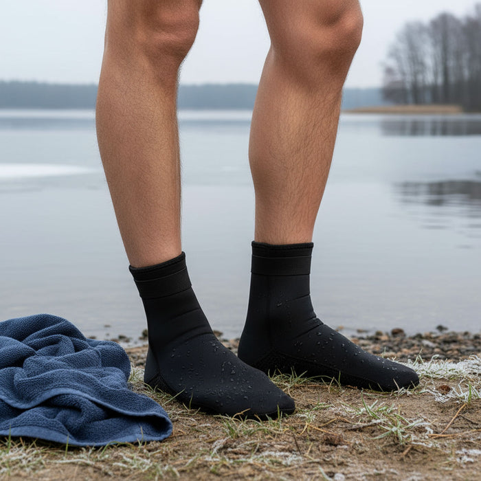 Outfish neoprēna zeķes, 3mm, melnas, termiskai aizsardzībai aukstā ūdenī, ūdensnecaurlaidīgas, pieskaites pretslīdes zole.