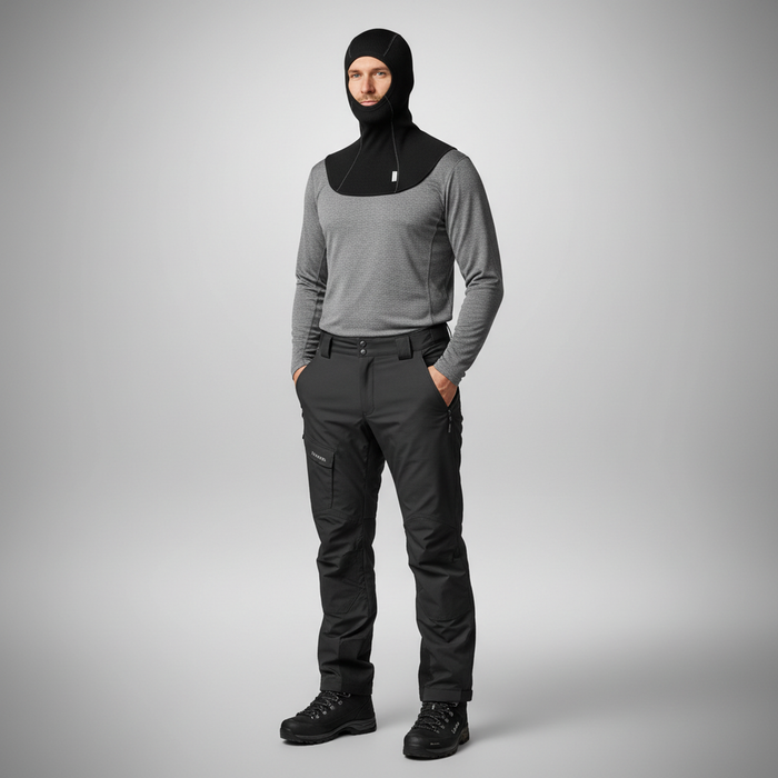 universāla balaklava no elpojoša poliestera, melna, aizsardzībai pret aukstumu un mitrumu aktīvām aktivitātēm ārā