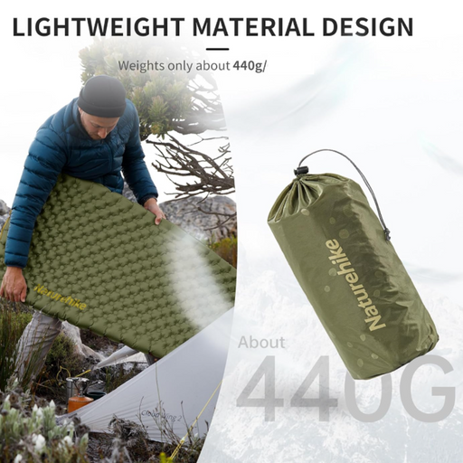 - Naturehike Ultralight Inflatable Sleeping Pad tiek turēts rokās kalnos, īpaši viegls dizains, svars tikai 440g
- Miega paklājiņš ar daudzpunktu atbalsta vietām un ergonomisku struktūru
- R vērtība 3.5, izturīgs pret aukstumu, piemērots lietošanai virs -6°C
- Kompakts iepakojums nodrošina ērtu transportēšanu, ērti iepakojams nelielā maisiņā 
- Zaļa krāsa ar Naturehike zīmolu
- Naturehike