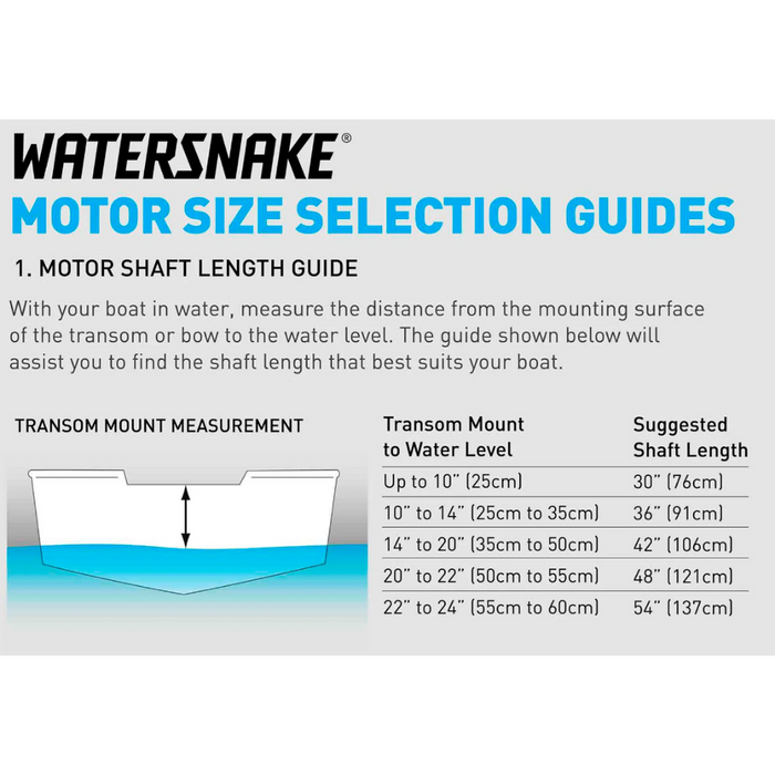 •	Watersnake Motor Size Selection Guide plakāts ar dažādiem motora vārpstas garumu mērījumiem un ieteicamajiem vārpstas garumiem
• Schema norāda, kā izmērīt attālumu no transomas vai priekšējās stiprinājuma līdz ūdens līmenim
• Attēlā ir norādīti mērījumi collās un centimetros ar attiecīgām vārpstas garuma rekomendācijām
• Zīmola logotips "Watersnake" ir redzams augšpusē

Watersnake