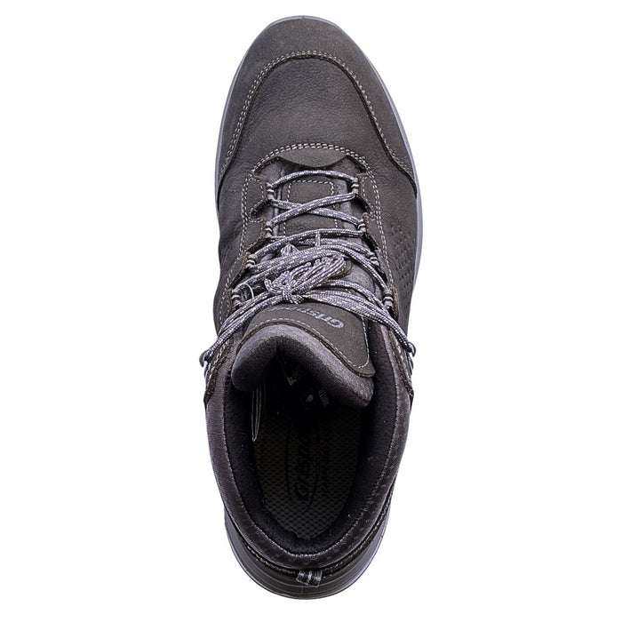 grisport pārgājienu zābaks, pelēka āda, izturīgs un ērtīgs trekingam Latvijas apstākļos, skats no augšas