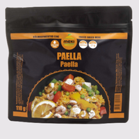 meki sasaldēti žāvēti ēdiens paella, kompaktā iepakojumā, piemērots āra pārgājieniem un kempingam Latvijā