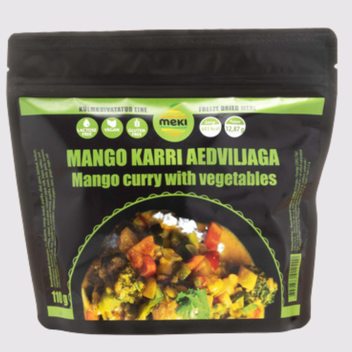 meki mango karijs ar dārzeņiem, auksti žāvēts ēdiens, 110g pārgājieniem un kempingam Latvijas apstākļiem