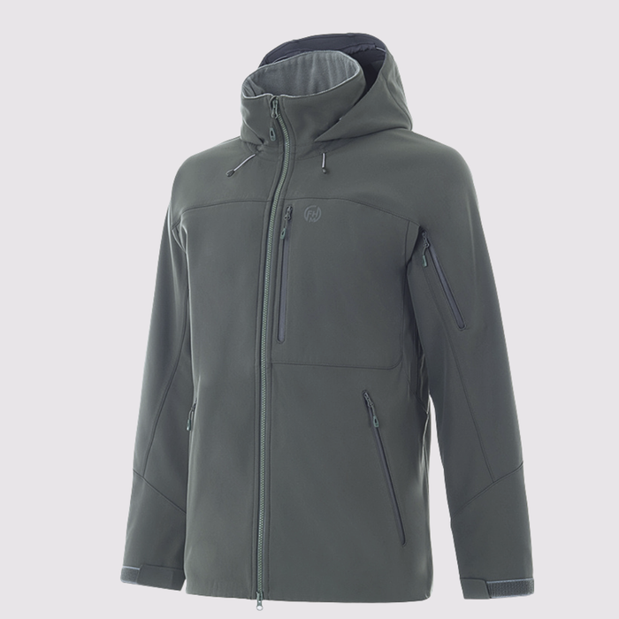 FHM taktiskā softshell jaka ar kapuci, ūdensnecaurlaidīga, elpojoša, khaki zaļa, āra aktivitātēm Latvijā.