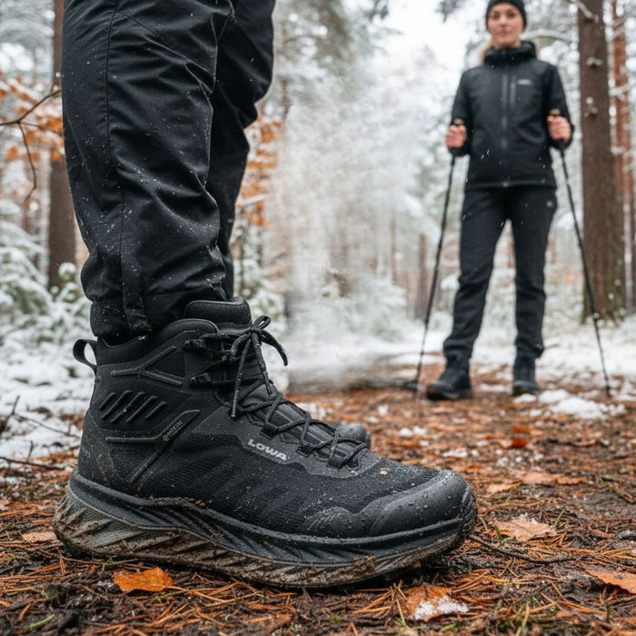 Lowa pārgājienu apavi Fortux QC GTX, ūdensnecaurlaidīgi, melni, piemēroti ziemas pārgājieniem Latvijas laikapstākļos.