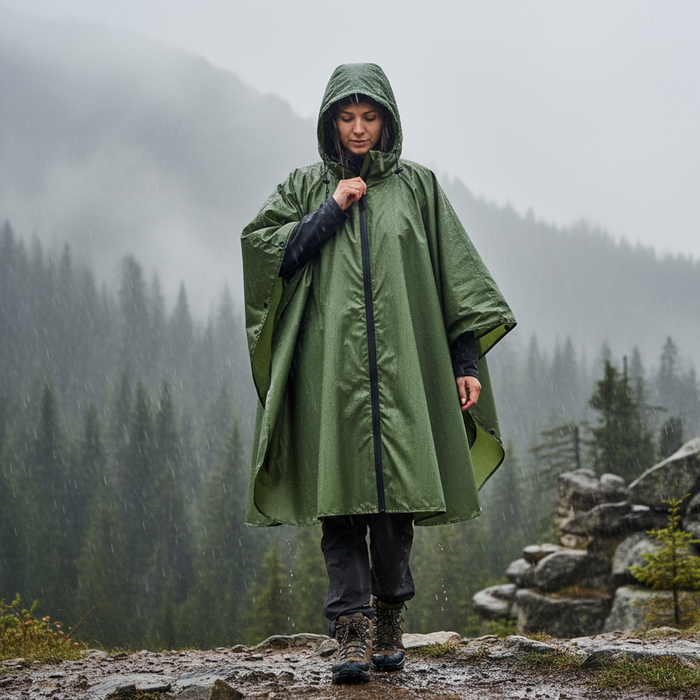 lietus pončo ar kapuci, ūdensnecaurlaidīgs poliesteris, piemērots pārgājieniem un lietainam laikam Latvijā