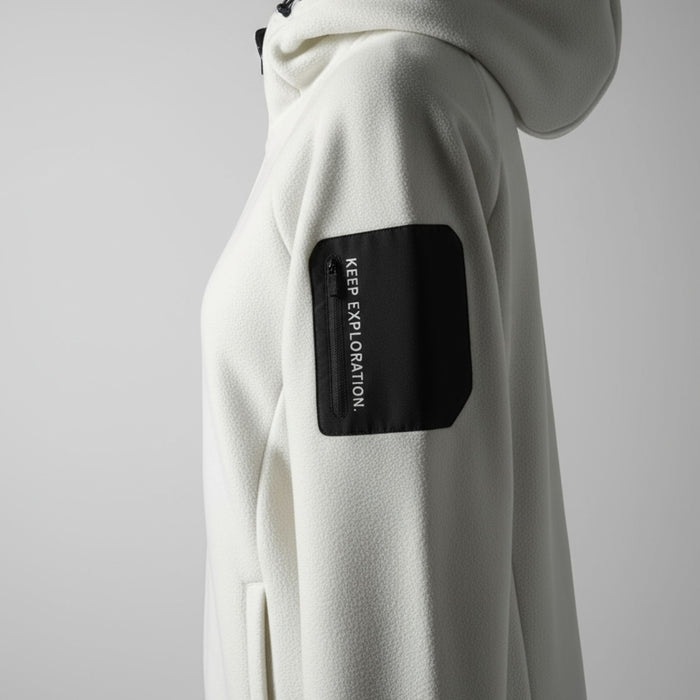 humtto sieviešu teddy flīsa jaka balta, silta, ar kapuci, piemērota rudenim un ziemai Latvijas apstākļiem