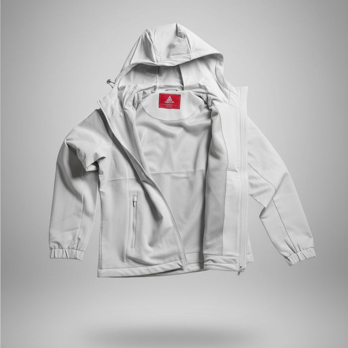 humtto softshell jaka gaiši pelēka, ūdensizturīga ar dwr pārklājumu, piemērota lietainam laikam un pārgājieniem