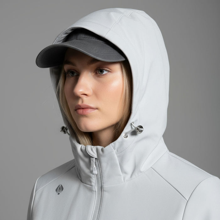 humtto softshell jaka gaisīgi pelēka, ar dwr tehnoloģiju, ūdensizturīga, piemērota pārgājieniem un lietainam laikam