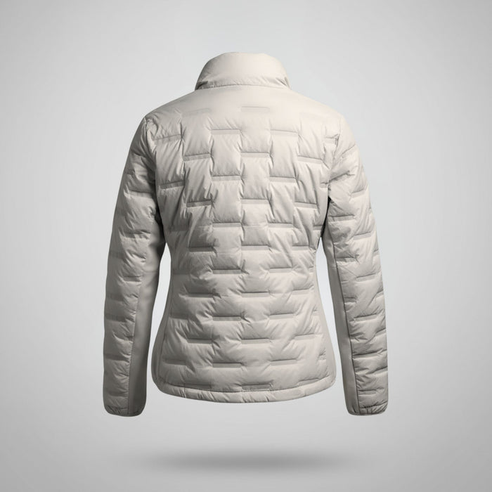 humtto vieglā dūnu jaka gaiši pelēkā krāsā ar hybrid paneļiem, piemērota rudenim un ziemai Latvijā