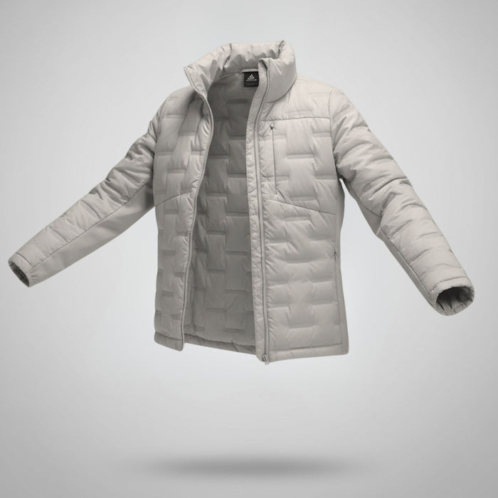 humtto vieglā dūnu jaka gaiši pelēkā krāsā ar hybrid paneļiem, piemērota ziemas pārgājieniem Latvijā