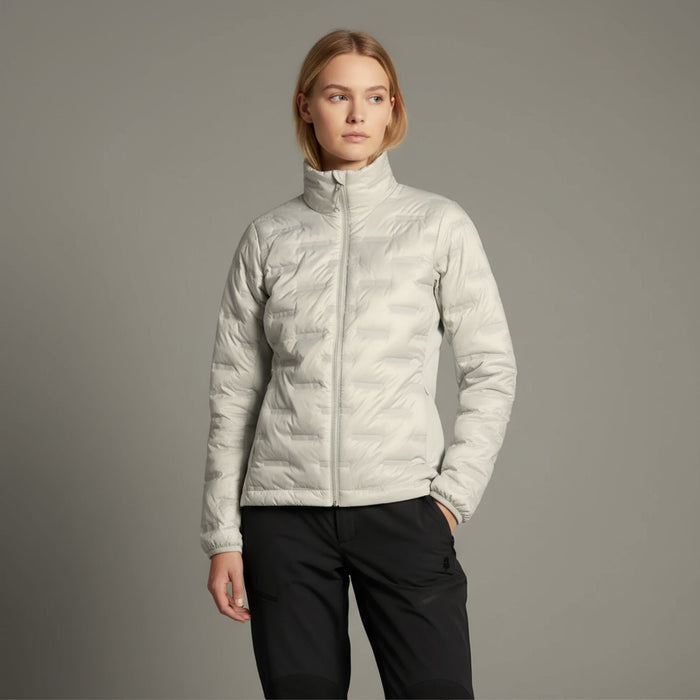 Humtto sieviešu dūnu jaka, viegla izolācija, gaišpelēka, pārgājieniem un ceļojumiem vēsos laikapstākļos.