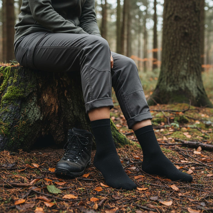 Outfish ūdensnecaurlaidīgas zeķes ar 3 slāņu membrānu, melnas, piemērotas pārgājieniem un aktīvai atpūtai dabā.