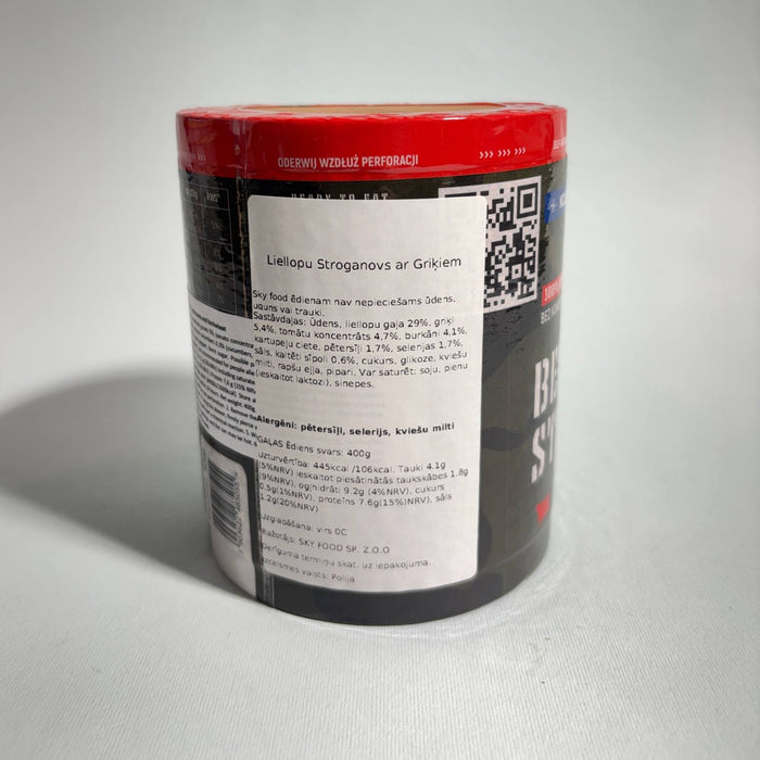 Liellopu Stroganovs ar Griķiem Pašsildošā Bundžā MRE Tūristu Pārtika