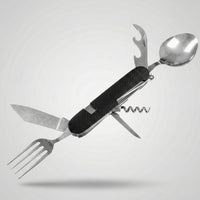 Multifunctional tool with knife, fork, spoon, and corkscrew on a white background
