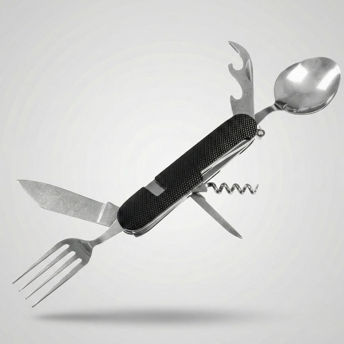 Multifunctional tool with knife, fork, spoon, and corkscrew on a white background