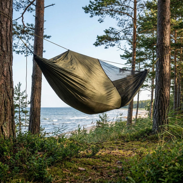 Šūpuļtīkls ar moskītu tīklu Bushmen BUSHBED parašūta audums olīvzaļš 650g