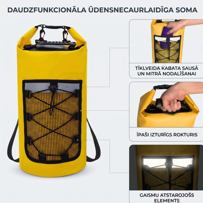 Ūdensdroša peldoša mugursoma no 500D PVC, 20 l, dzeltena