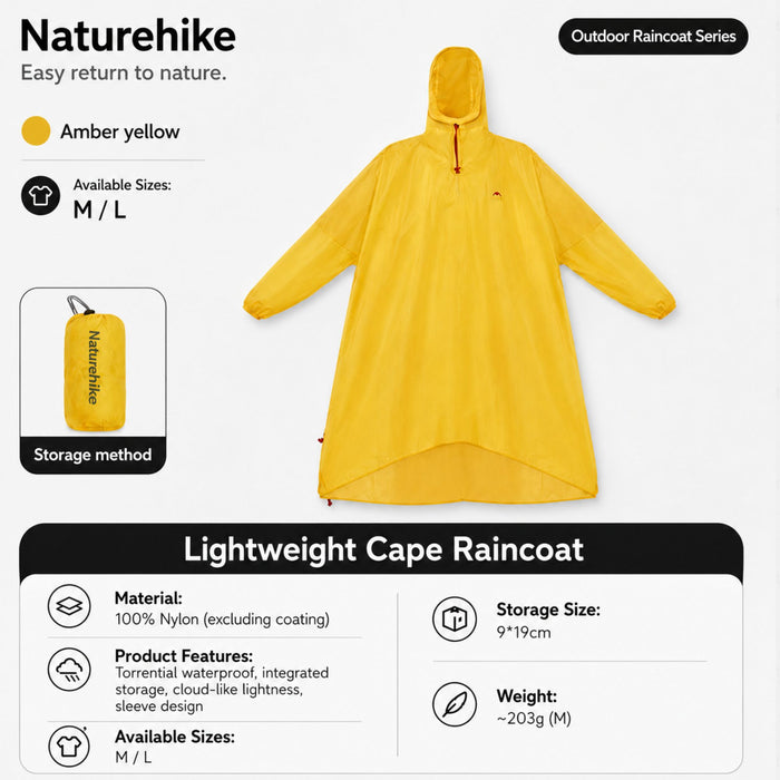 Lietus pončo ar piedurknēm – Naturehike unisex ūdensizturīgs lietusmētelis, dzintardzeltens