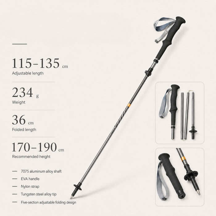 Trekinga nūja Naturehike Gale UL, īpaši viegla un saliekama, 3K oglekļa šķiedra un 7075 alumīnijs 103-120 cm (1gb)