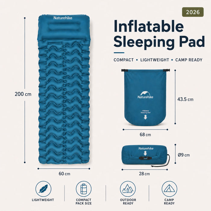 Piepūšams matracis Naturehike R vērtība 1,6, biezums 9,5 cm, 620 g — zils