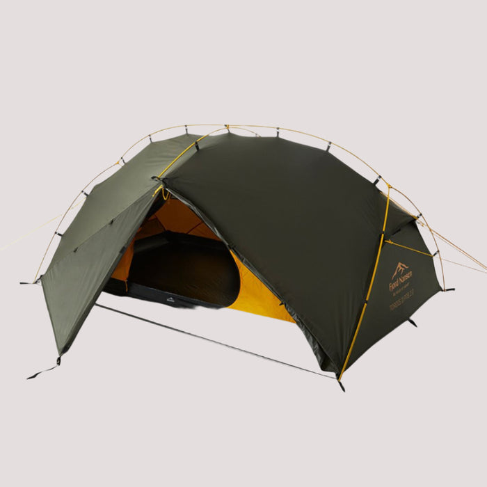 Fjord Nansen TORDIS II PTB 2.0 teltis divām personām ar DCS tehnoloģiju, divām ieejām un ūdensnecaurlaidīgu āra pārvalku.