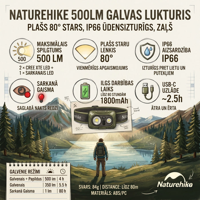 Походный налобный фонарь Naturehike 500LM широкий луч 80° водонепроницаемый зелёный