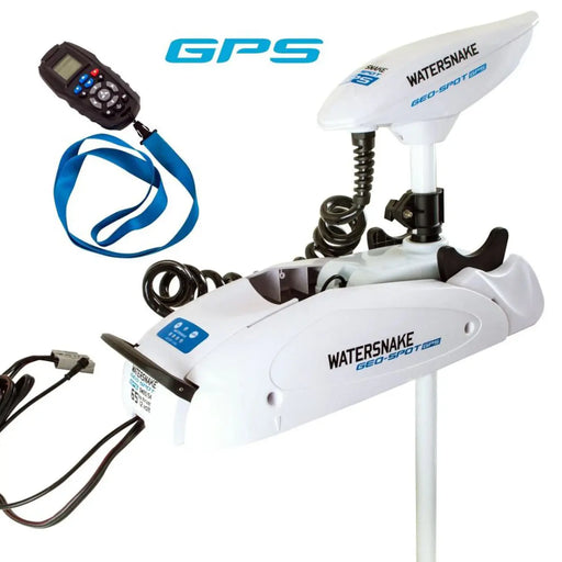 - WATERSNAKE GEO-SPOT GPS 65LB 66" SHAFT BOW MOUNT Electric Trolling MOTORS attēls ar motoru, GPS funkcijām un tālvadības pulti
- Elektriskā motora priekšējais stiprinājums un tālvadības kontrolpanelis redzami attēlā
- Produktu paraksts "WATERSNAKE" skaidri redzams uz motora korpusa
- Tālvadības pults ar ekrānu un zilu siksnu attēlota blakus motoram
- Profesionāls trollinga motors ar maināmu ātrumu un augstas veiktspējas tehniku, piemērots sālsūdenim

Watersnake