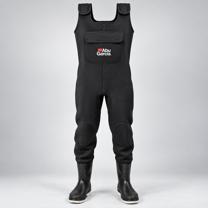 Abu Garcia neoprene fishing waders on light gray studio background