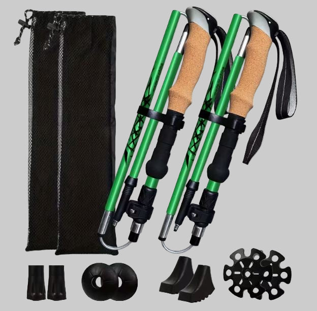 Vieglas, saliekamas alumīnija pārgājienu nūjas ar korķa rokturiem, zaļas 2 gab. 