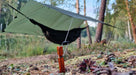 - "Zaļš Bushmen EASY Hammock Tarp 3x3m piestiprināts virs hamaka, 6 alumīnija Y mietiņi, 6 puišu auklas ar spriegotājiem un 2 elastīgas PRUSIK-PRO cilpas nodrošina drošu nostiprināšanu, izturīgs un ūdensizturīgs 190T poliestera audums meža vidē. Bushmen,"