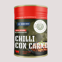 CHILI CON CARNE pašsildāma konservu kanna, tūrisma ēdiens, gatavs lietošanai, piemērots pārgājieniem un kempingam Latvijā.