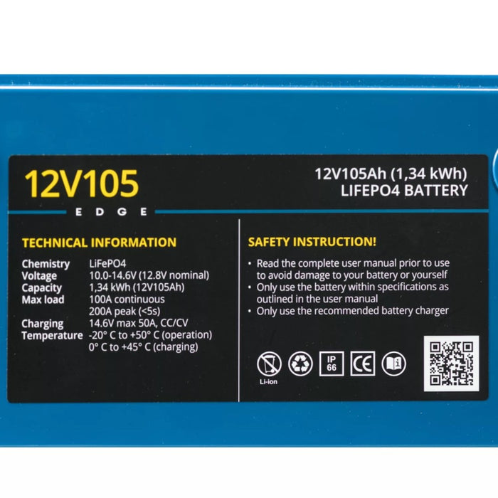 LiFePO4 Battery Rebelcell 12V105 EDGE — 105Ah, 2025 Model — 105Ah / 1.34kWh specification label