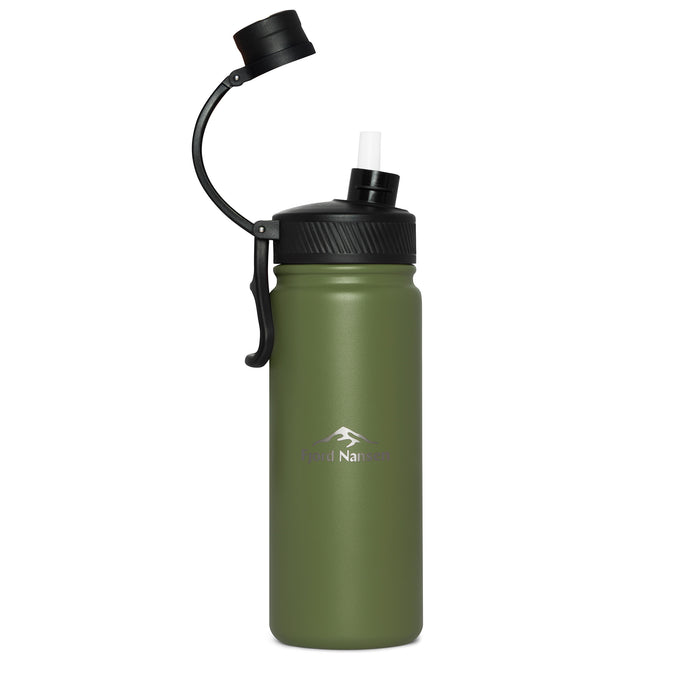 KALDI tērauda termopudele 650 ml, ar skrūvējamu vāciņu un salmiņu, zaļa, piemērota pārgājieniem un āra aktivitātēm.