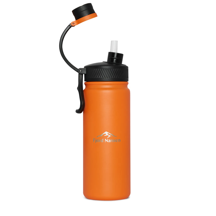 fjord nansen tērauda termobūre, oranža, 650 ml, ar skrūvējamu vāciņu un salmiņu, piemērota pārgājieniem un kempingam