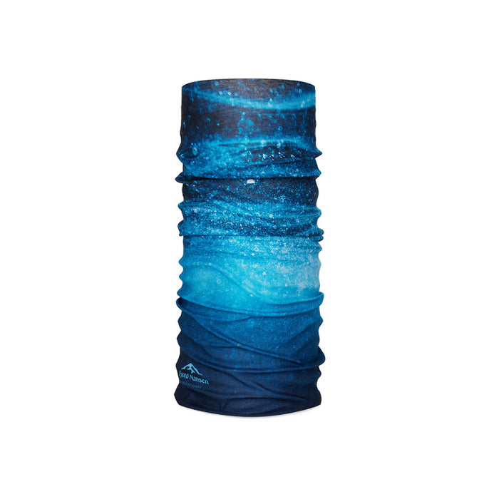 HEADGEAR multifunkcionāls plecu šūpulis, zils, elastīgs materiāls, piemērots āra aktivitātēm un pārgājieniem.