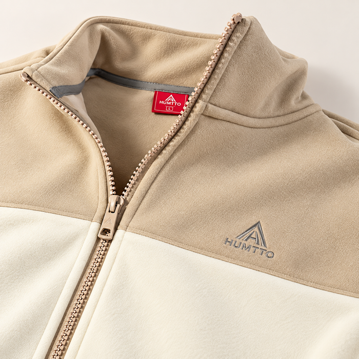 HUMTTO 37W332B-1 beige fleece — Collar, zipper and embroidered logo