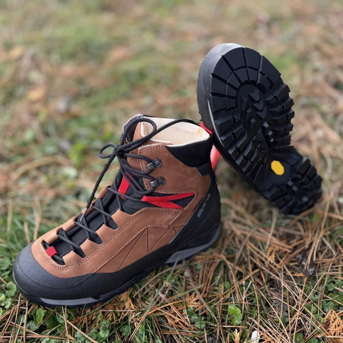 Kalnu zābaki Alpina Carabiner Classic ir paredzēti alpīnismam, stāviem piegājieniem un ziemas maršrutiem. Brūna krāsa skats no zāles.