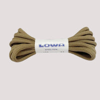 Knee-high brown boot laces with a Lowa label on a white background