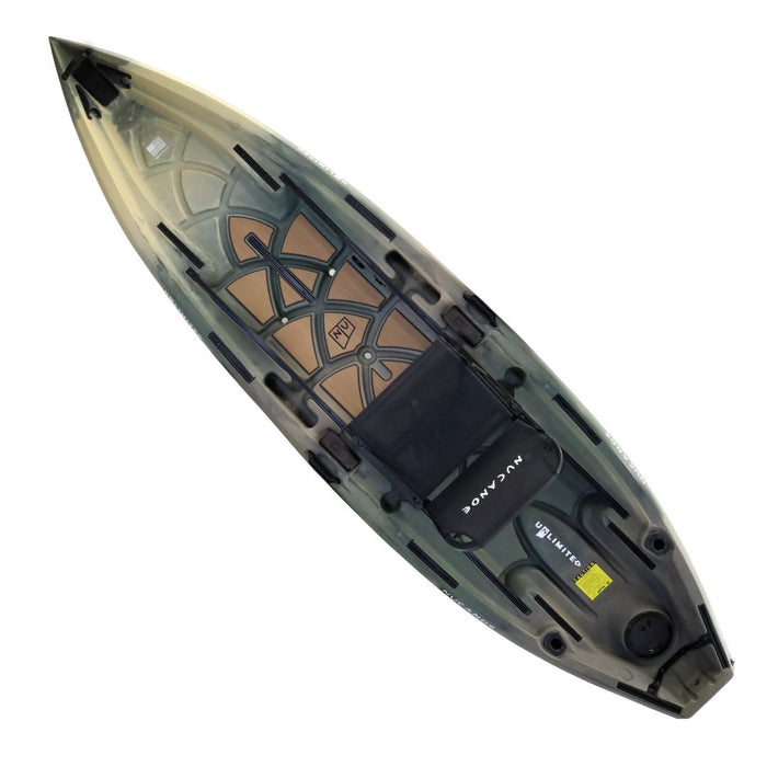 nucanoe fishing kayak unlimited armu kamuflāža, atvērta klāja makšķerēšanas un medību laiva stabilitātei un aprīkojumam