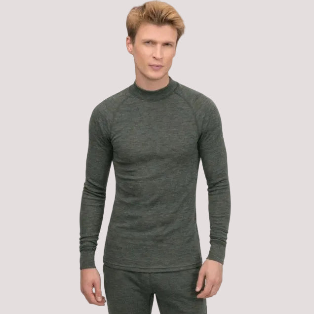 Мужская теплая терморубашка из мериносовой шерсти с длинными рукавами, цвет хаки.