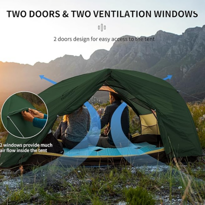 - Naturehike Star River 2 Ultravieglā 2-personu telts, uzstādīšanas skats ar atvērtajām durvīm un ventilācijas logiem kalnu ainavā
- Forest Green krāsas telts ar diviem durvīm un plašiem ventilācijas logiem, nodrošina labu gaisa cirkulāciju un vietu diviem cilvēkiem
- Dubultie audzekņi rāda robustu dizainu, kas piemērots jebkuram laikam un sezonai
- Telts viegli uzstādāma, ideāli piemērota backpacking un kempinga piedzīvojumiem
- Naturehike