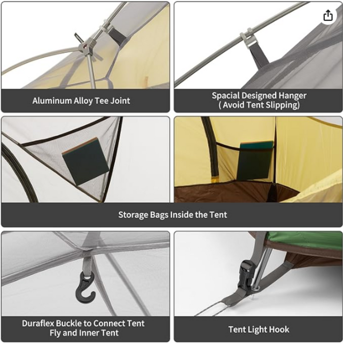 - Alumīnija sakausējuma tē veida savienojums, kas nodrošina stipru struktūru - Naturehike
- Īpaši izstrādāts āķis, kas novērš telts slīdēšanu - Naturehike
- Glabāšanas kabatas, kas atrodas telts iekšpusē - Naturehike
- Duraflex sprādze, kas savieno telts ārsienu un iekšējo telti - Naturehike
- Āķis telts laternai, nodrošina ērtu gaismas avotu - Naturehike