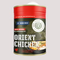 oriental chicken ar rīsiem pašsildāmais konservētais ēdiens āra kempingam un pārgājieniem Latvijas apstākļiem