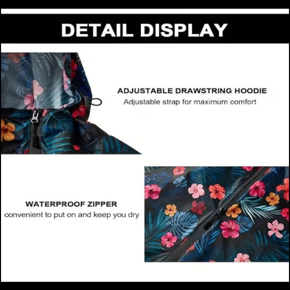 Raincoat Poncho Hooded Floral Pattern Windbreaker With Zipper