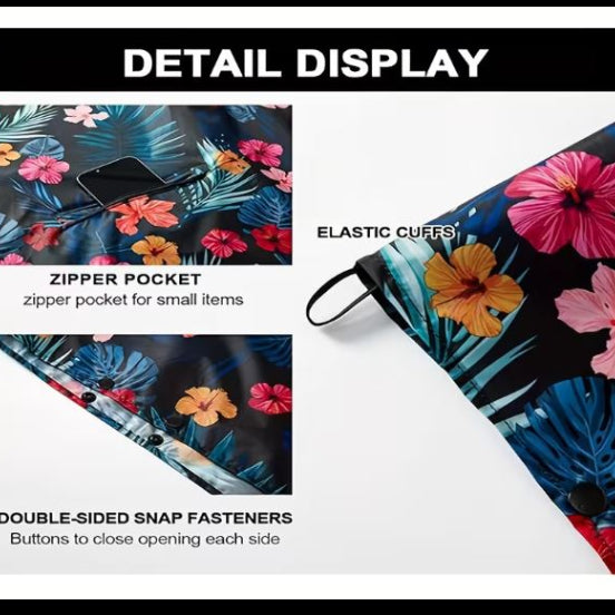 Raincoat Poncho Hooded Floral Pattern Windbreaker With Zipper