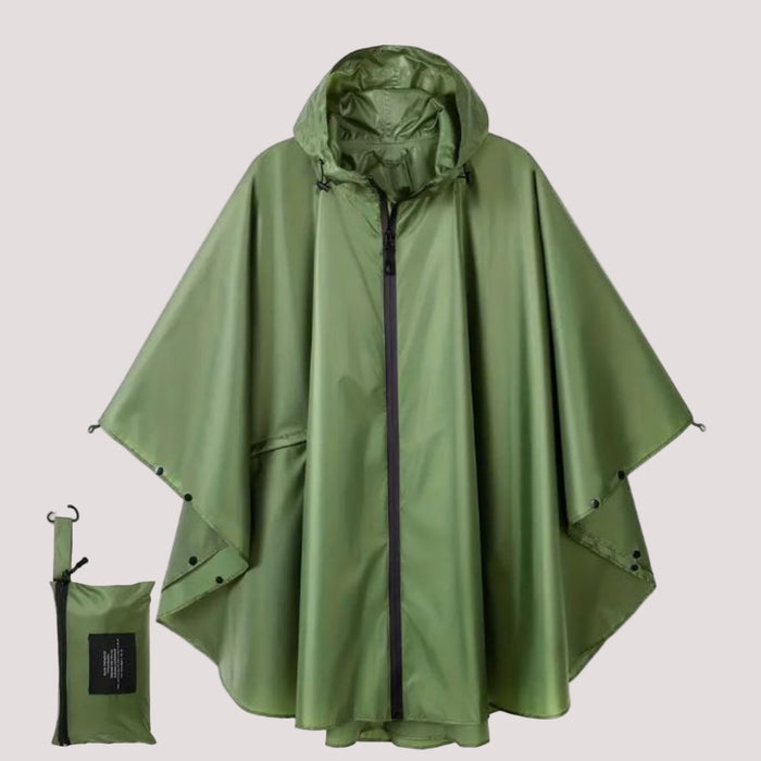 Mitrumizturīgs pončo ar rāvējslēdzi.