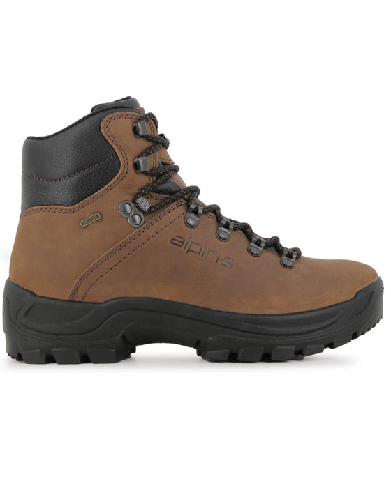 Sieviešu pārgājienu zābaki Alpina Tundra brūni no nubuka ādas – klasika ar Alpitex ūdensizturīgo membrānu. Ar Alpina Logo.