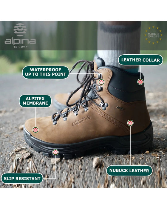 Sieviešu pārgājienu zābaki Alpina Tundra brūni no nubuka ādas – klasika ar Alpitex ūdensizturīgo membrānu, un citam īpašībām kas noradīti uz bildes.